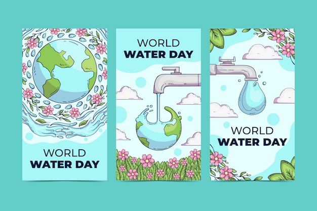 Vetor grátis coleção de histórias do instagram do dia mundial da água desenhada à mão