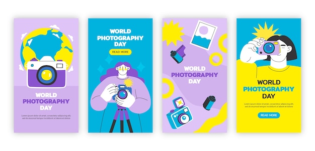 Vetor grátis coleção de histórias do instagram do dia mundial da fotografia plana