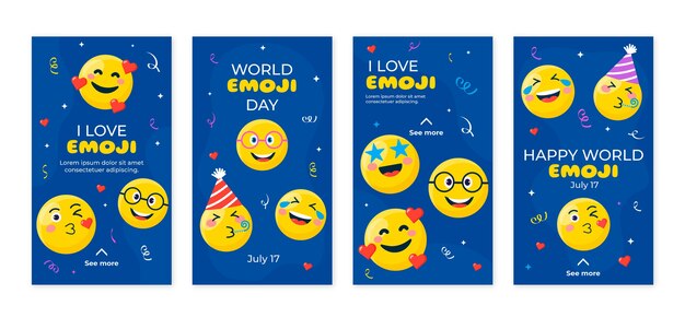 Coleção de histórias do instagram do dia mundial do emoji desenhada à mão