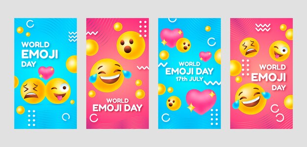 Coleção de histórias do instagram do dia mundial do emoji gradiente com emoticons