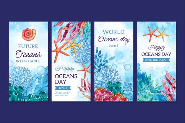 Coleção de histórias do instagram do dia mundial dos oceanos em aquarela