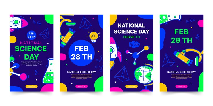 Vetor grátis coleção de histórias do instagram do dia nacional da ciência desenhada à mão
