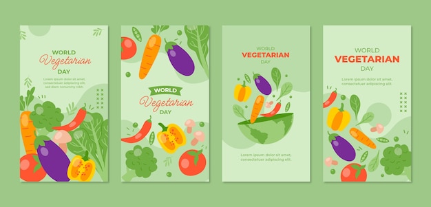 Vetor grátis coleção de histórias do instagram do dia vegetariano do mundo plano