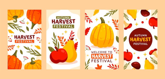 Vetor grátis coleção de histórias do instagram do festival de colheita plana