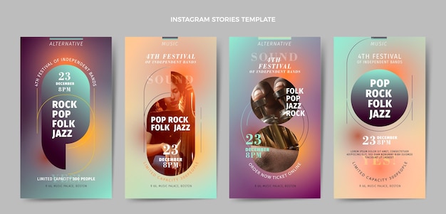 Vetor grátis coleção de histórias do instagram do festival de música de textura gradiente