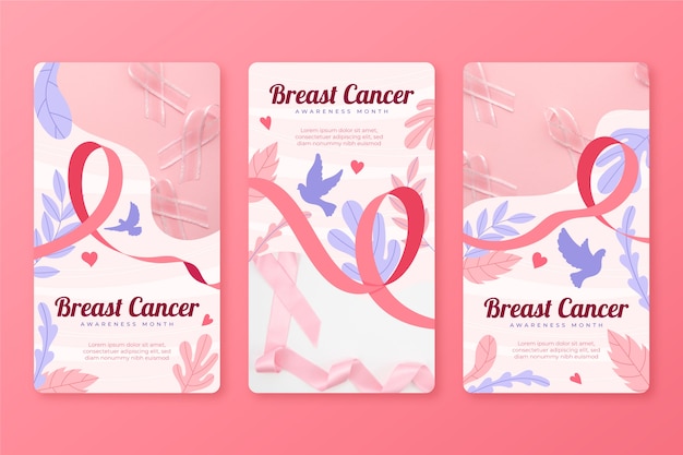 Coleção de histórias do instagram do mês de conscientização do câncer de mama desenhada à mão com foto