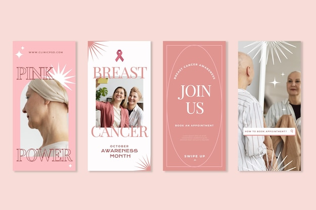 Vetor grátis coleção de histórias do instagram do mês de conscientização do câncer de mama plana com foto
