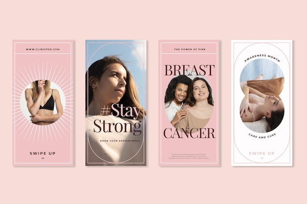 Vetor grátis coleção de histórias do instagram do mês de conscientização do câncer de mama plana com foto