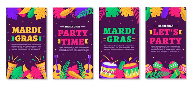 Vetor grátis coleção de histórias do instagram flat mardi gras