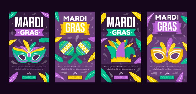 Coleção de histórias do instagram flat mardi gras