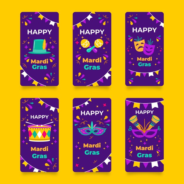 Coleção de histórias do instagram Flat mardi gras