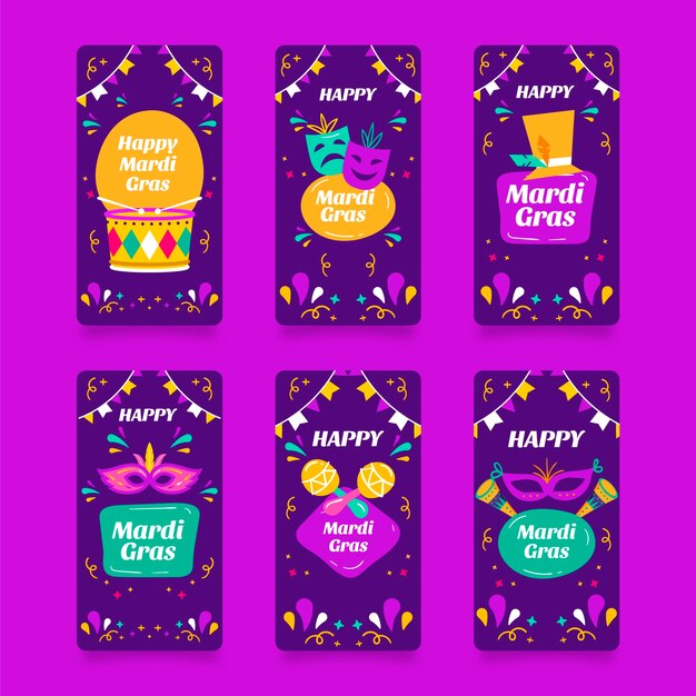 Coleção de histórias do instagram Flat mardi gras