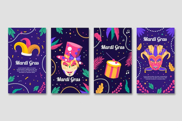 Vetor grátis coleção de histórias do instagram flat mardi gras