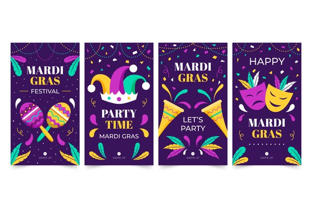 Coleção de histórias do instagram Flat mardi gras