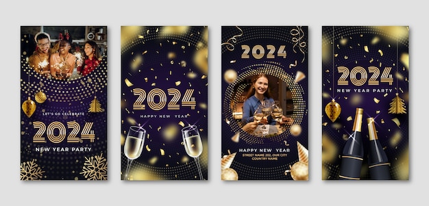 Vetor grátis coleção de histórias do instagram para a celebração do ano novo de 2024