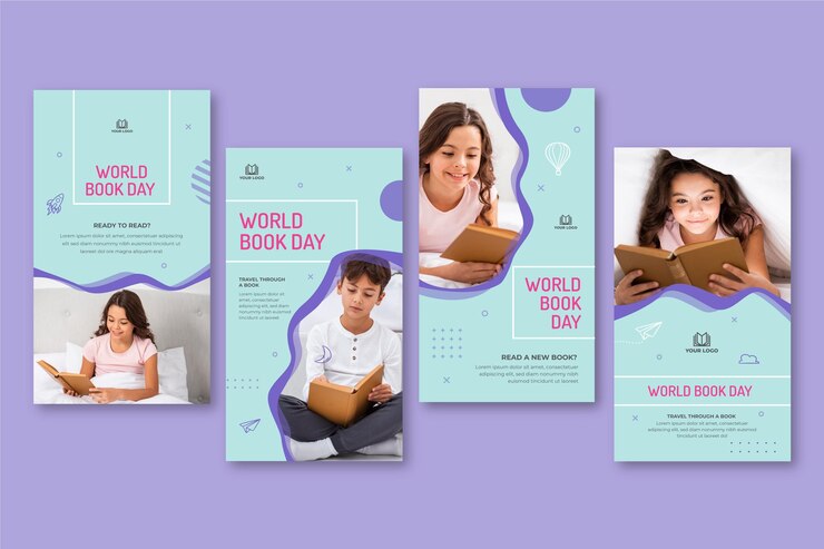 Vetor grátis coleção de histórias do instagram para a celebração do dia mundial do livro