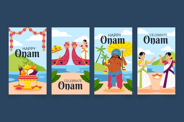 Vetor grátis coleção de histórias do instagram plana para celebração de onam