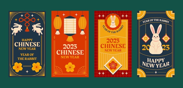 Vetor grátis coleção de histórias do instagram plana para celebração do ano novo chinês