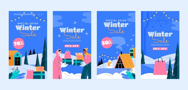 Vetor grátis coleção de histórias instagram de inverno plano