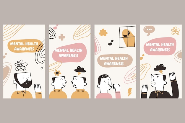 Coleção de histórias instagram de saúde mental desenhada à mão