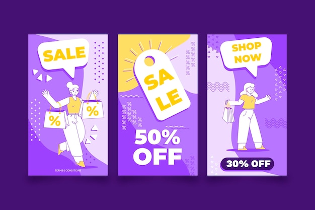 Coleção de histórias instagram de venda de design plano
