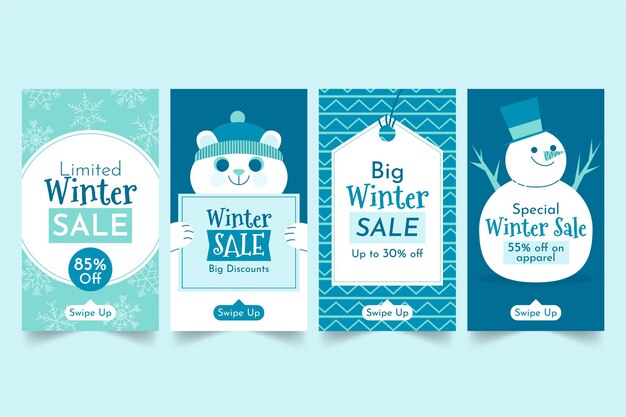 Coleção de histórias instagram de venda plana de inverno desenhada à mão