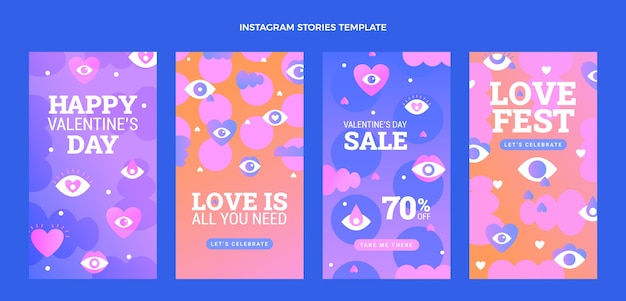 Vetor grátis coleção de histórias instagram do dia dos namorados em gradiente