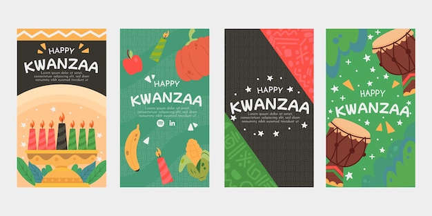 Coleção de histórias instagram planas desenhadas à mão em kwanzaa