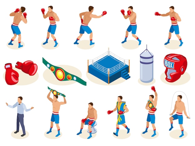Coleção de ícones isométrica de caixa com equipamento de boxe isolado e personagens humanos masculinos de atletas