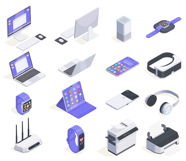 Vetor grátis coleção de ícones isométrica de dispositivos modernos com dezesseis imagens isoladas de periféricos de computadores e várias ilustrações de eletrônicos de consumo
