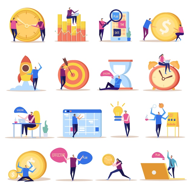 Vetor grátis coleção de ícones plana de conceito de gerenciamento eficaz de imagens de estilo doodle isolado com caracteres humanos e símbolos