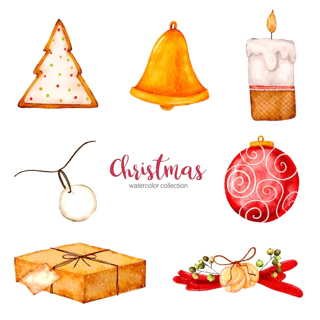 Coleção de ilustração em aquarela de decorações de Natal