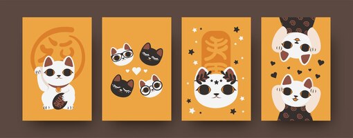 Coleção de ilustrações de gatos japoneses em estilo moderno. conjunto brilhante de maneki neko isolado. lembranças fofas. símbolo tradicional asiático.