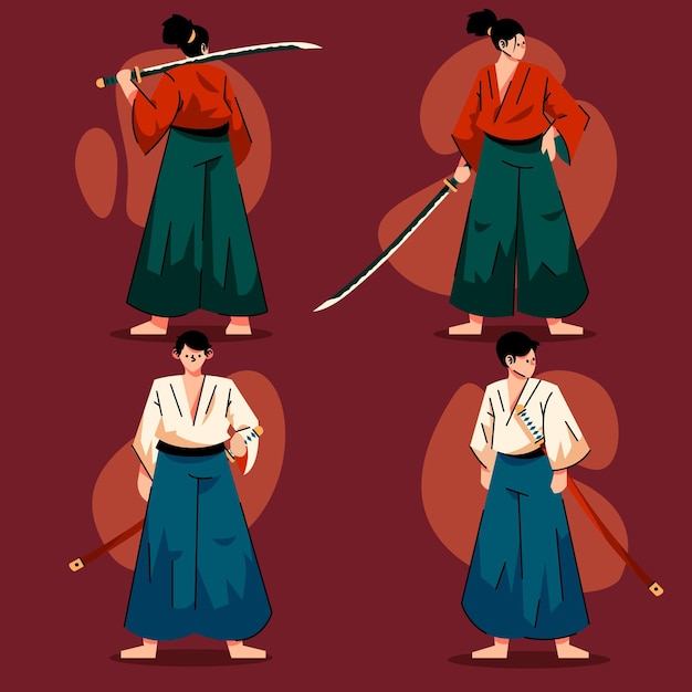 Vetor grátis coleção de ilustrações planas de samurai