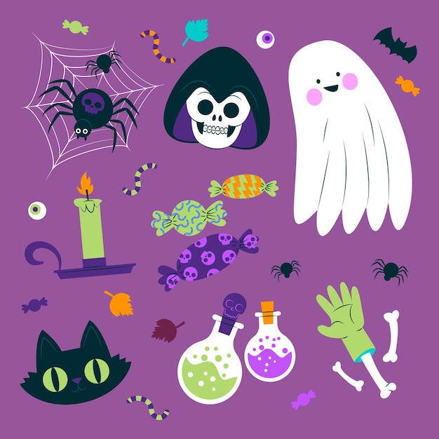 Coleção de insetos e objetos de halloween