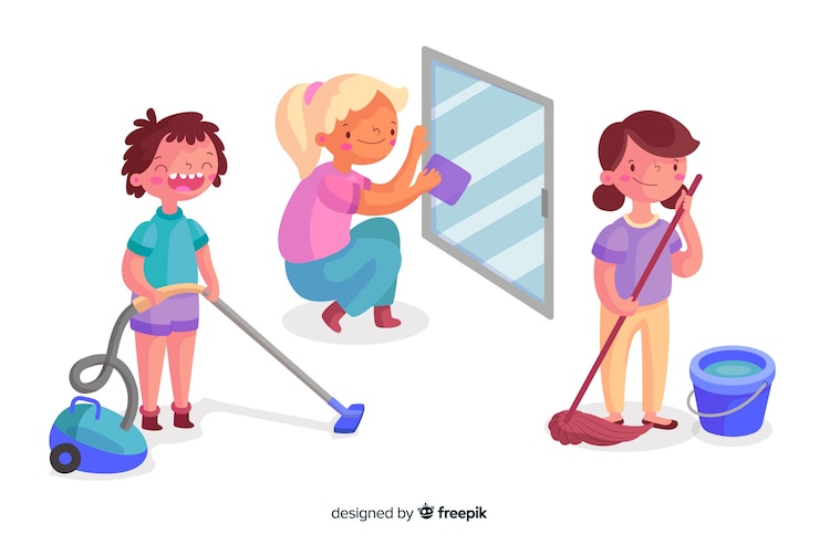 Vetor grátis coleção de jovens limpando a casa ilustrada