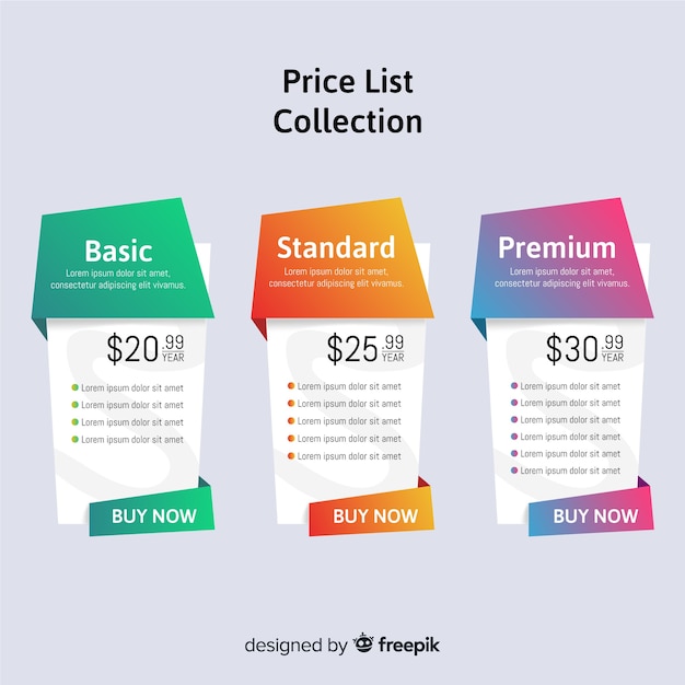 Vetor grátis coleção de lista de preços plana