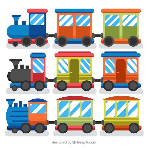 Vetor grátis coleção de locomotivas coloridas e vagões
