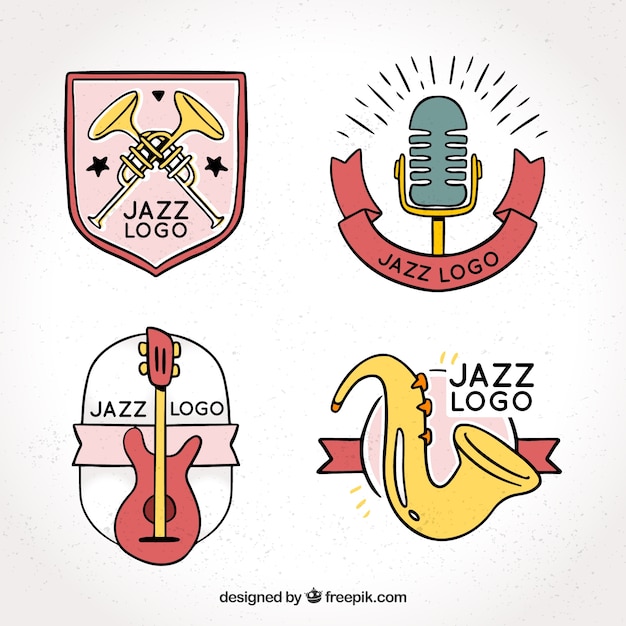 Vetor grátis coleção de logotipo de jazz com estilo desenhado de mão