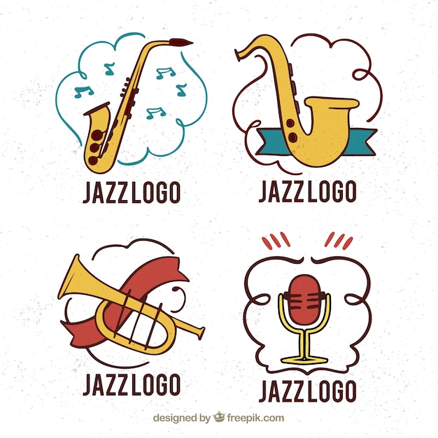 Coleção de logotipo de jazz com estilo desenhado de mão