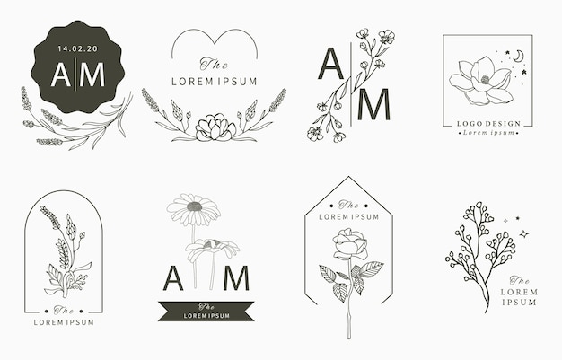 Coleção de logotipo oculto de beleza com geométrica, magnólia, lavanda, lua, estrela, flor.