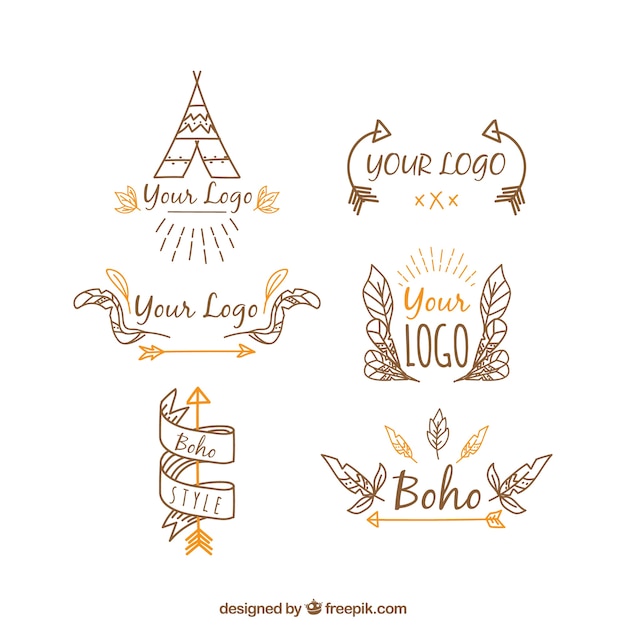 Coleção de logotipos étnicas desenhadas à mão com elementos laranja