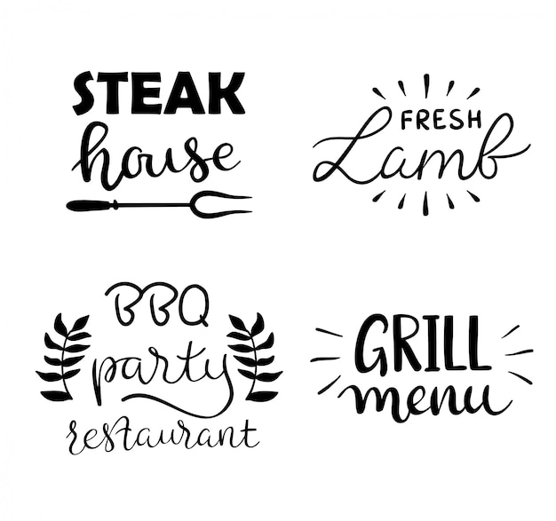 Coleção de mão desenhada texto de comida grelhada, salsichas, frango, batatas fritas, bifes, peixe