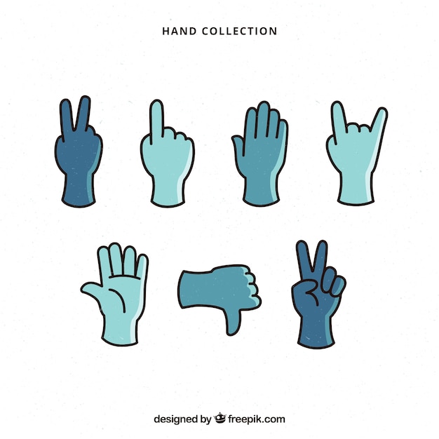 Coleção de mãos com poses diferentes na mão desenhada estilo