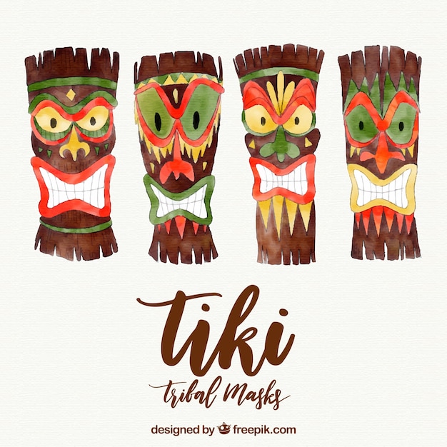 Vetor grátis coleção de máscaras tiki aquarela