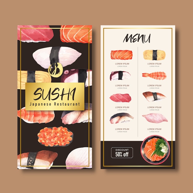 Vetor grátis coleção de menu de sushi para restaurante. modelo com ilustrações em aquarela de comida.