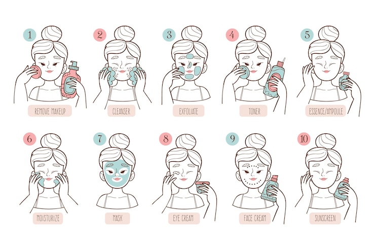 Vetor grátis coleção de mulher desenhada fazendo sua rotina de cuidados com a pele coreana