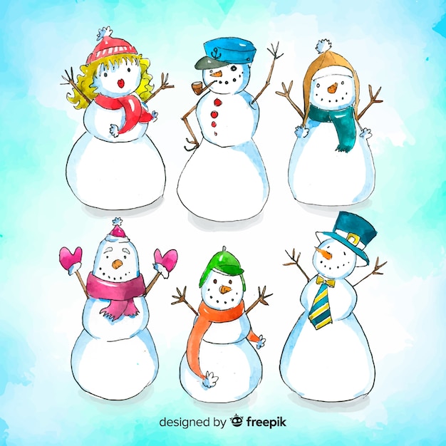 Vetor grátis coleção de natal boneco de neve bonito na mão desenhada estilo