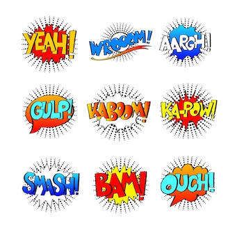 Coleção de nove efeitos sonoros em quadrinhos multicoloridos no discurso de bolha de estilo pop art com conjunto de palavras