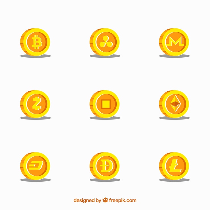 Vetor grátis coleção de nove moedas de criptomoedas de ouro